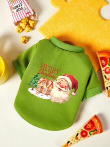 PETSIN 1pc Green Christmas Tree Snow View House Cute Santa Claus Head Red Letter Merry Christmas Pattern Printed Pet Green Soft Comfortable Pet Clothes - Multicolor - View 1