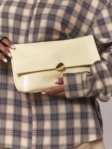 MUSERA Pastel Yellow Leather Foldover Gold Pebble Clutch Festival Rave Ibiza Clubbing Streetwear Summer Fall Winter - Light yellow. - View 1