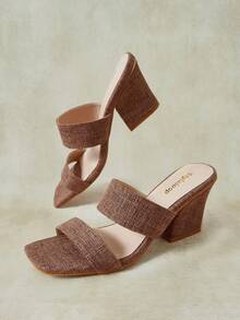 Styleloop Ladies Shoes, Linen Texture, Brown, Open-Toed, Mid-Heeled Sandals, Retro Style, Suitable For Summer French Casual Workplace Vacation. - Brown - View 2