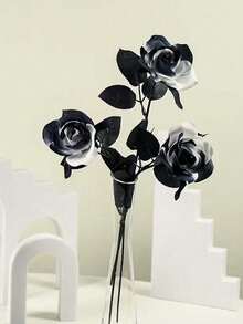 5/12pcs Artificial Black And White Roses Bouquet, Plastic Gothic Fake Flowers For Wedding, Halloween Decor Realistic Rose Stem For Home Office Display Home Decor Room Decor - Multicolor - View 3