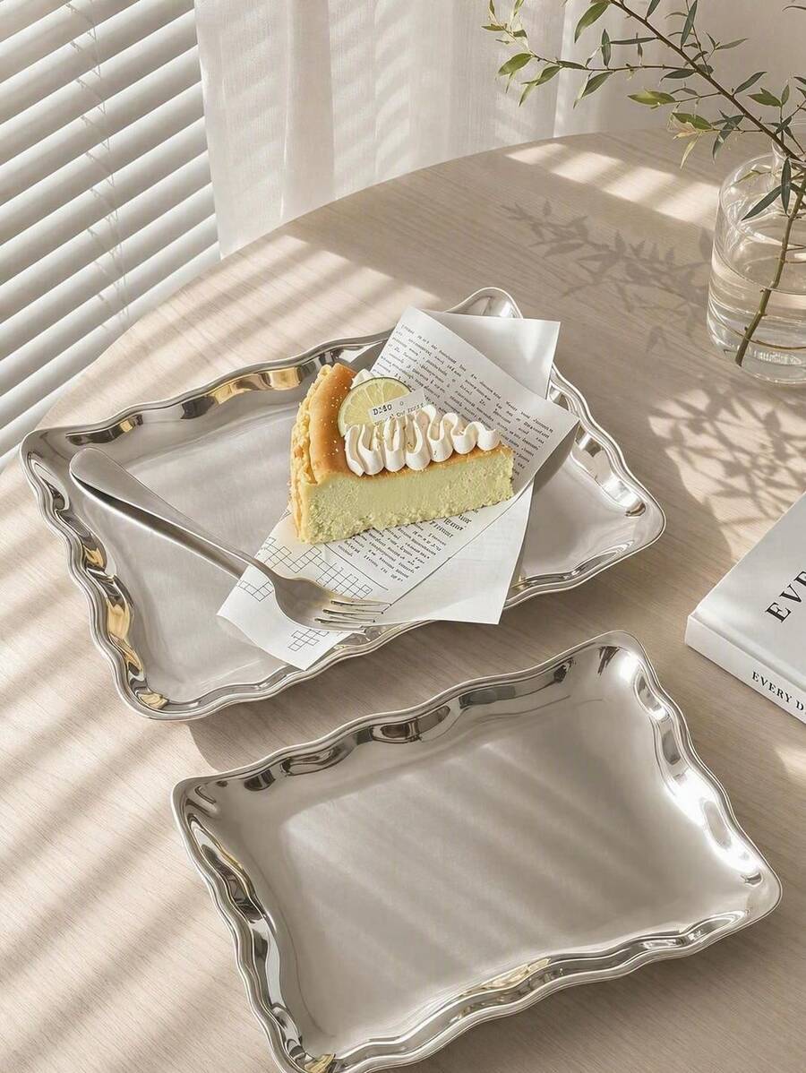 Haus Hana 1pc Ndustrial Style Wavy Stainless Steel Rectangular Tray, Vintage Premium Dessert & Snack Platter, Afternoon Tea Cake Serving Tray - Multicolor - View 1