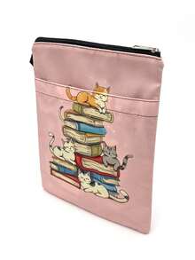 1PC Lightweight Polyester Zipper Book Sleeve Pouch With Wrist Strap Front Pocket Cute Cat Stacked Book Print Portable Document Notebook Storage Bag For Student Office Travel Reading Supplies - A - View 4
