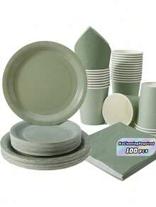 Sage Green Disposable Plates, Napkins, And Cups, Sage Green Plates, Napkins, And Cups For Party Supplies, Suitable For 25 Guests, Disposable Paper Plates And Party Tableware Suitable For Birthday Parties, Weddings, And Family Picnics - Multicolor - View 1