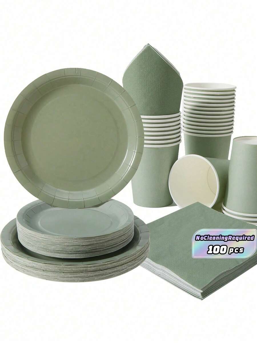 Sage Green Disposable Plates, Napkins, And Cups, Sage Green Plates, Napkins, And Cups For Party Supplies, Suitable For 25 Guests, Disposable Paper Plates And Party Tableware Suitable For Birthday Parties, Weddings, And Family Picnics - Multicolor - View 1