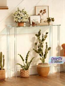 Meja Konsol Akrilik Transparan 2 Tingkat, Meja Samping Sempit Modern, Desain Minimalis Unik, Cocok Untuk Ruang Tamu, Lorong, dan Pintu Masuk - MultiWarna - View 1