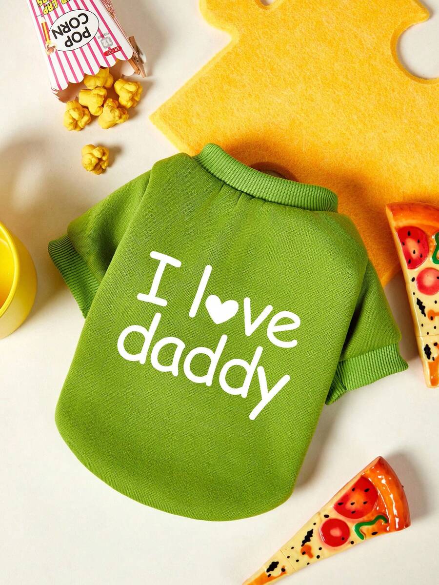 PETSIN 1pc White Letter I LOVE Daddy Printed Pet Grass Green Soft And Comfortable Warm Pet Clothes - Multicolor - View 1
