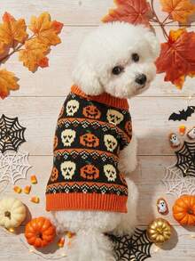 1pc Pet Cat Dog Universal Halloween Pumpkin Skull Fairisle Pattern Classic Retro Jacquard Knit Elastic Turtleneck Warm Comfortable Dog Sweater, PETSIN Original Design - Red and White - View 2