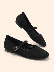 CUCCOO BASICS Women's Breathable Knitted Mary Jane Flats, Hollow Round Toe Adjustable Buckle Soft Sole Single Shoe - Black - View 6