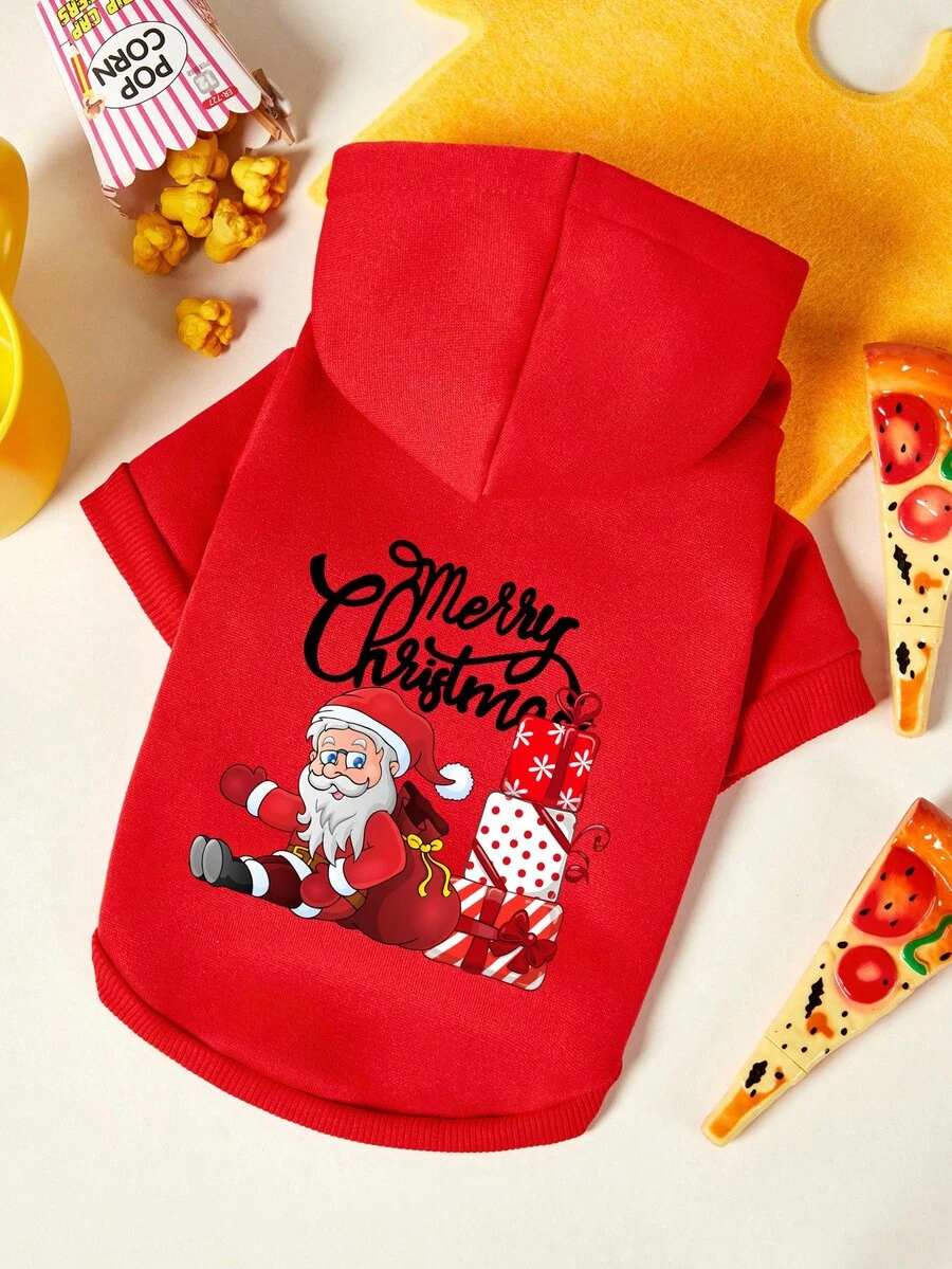 PETSIN 1pc Red Santa Claus Carrying Gift Bag, Black Christmas Letter Pattern Printed Pet Hoodie, Red Soft And Comfortable Warm Pet Clothes - Multicolor - View 1