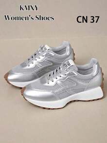 Comfortable Women'S Sports Shoes With Laces - Lightweight Casual Multi-Function, Rubber Sole Non-Slip, Suitable For All Seasons - Silver - View 14