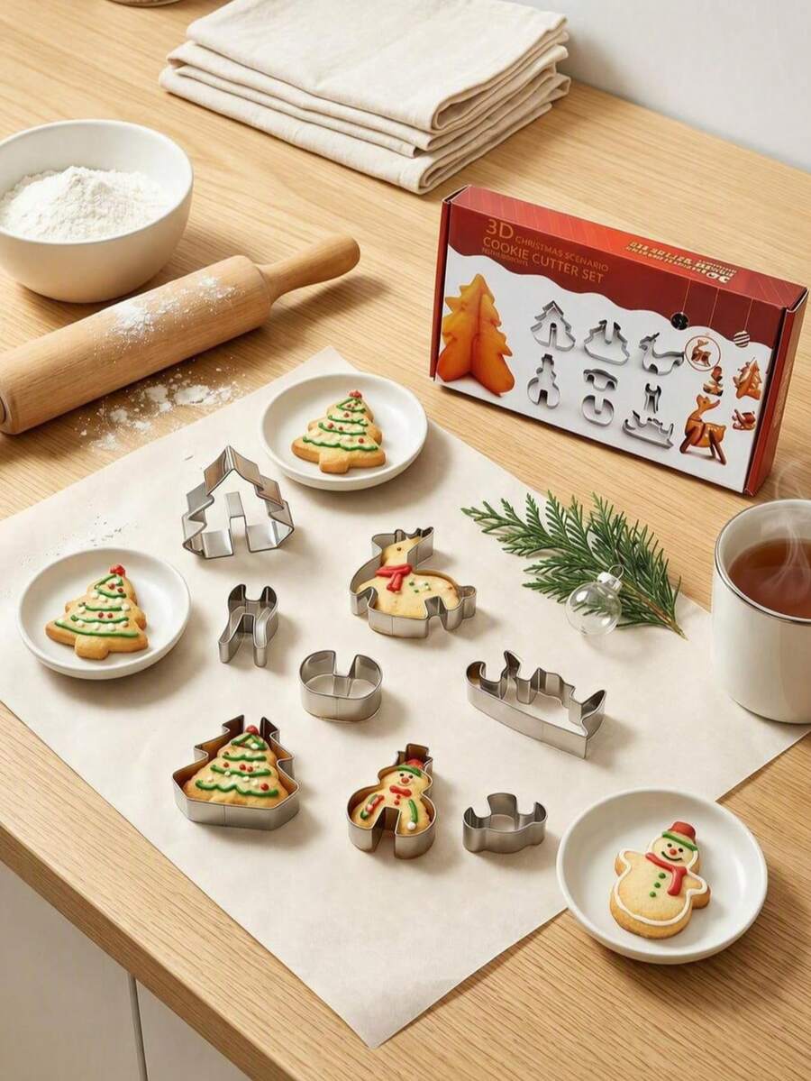 Haus Hana 不鏽鋼 3D 立體馴鹿聖誕樹餅乾模具 8 件組,聖誕餅乾模具 - 銀色 - 查看 1