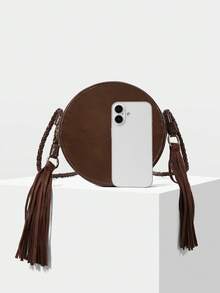 MOTF WOMEN'S FASHIONABLE BROWN ROUND SHOULDER BAG WITH WOVEN SHOULDER STRAPS AND CONTRASTING TASSELS FOR DAILY USE, COMMUTING, SHOPPING, TRAVEL, VACATION - Brown - View 4
