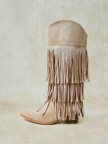 Styleloop 女款中筒靴 編織度假風 波希米亞風 西部風 音樂節穿搭 度假穿搭 旅行必備 - 淺杏 - 查看 2