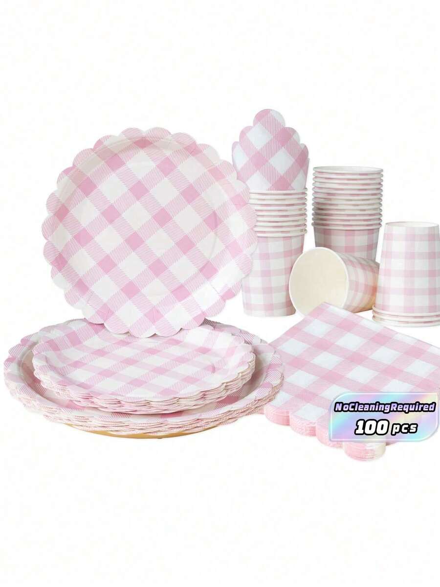 100 Pieces Of Light Pink Checkered Paper Plates And Napkins For Party Supplies, Disposable Paper Plate Set (100pcs), Many Choices, Very Suitable For Birthday Parties, Family Picnics, Weddings And Other Gatherings. - Multicolor - View 1