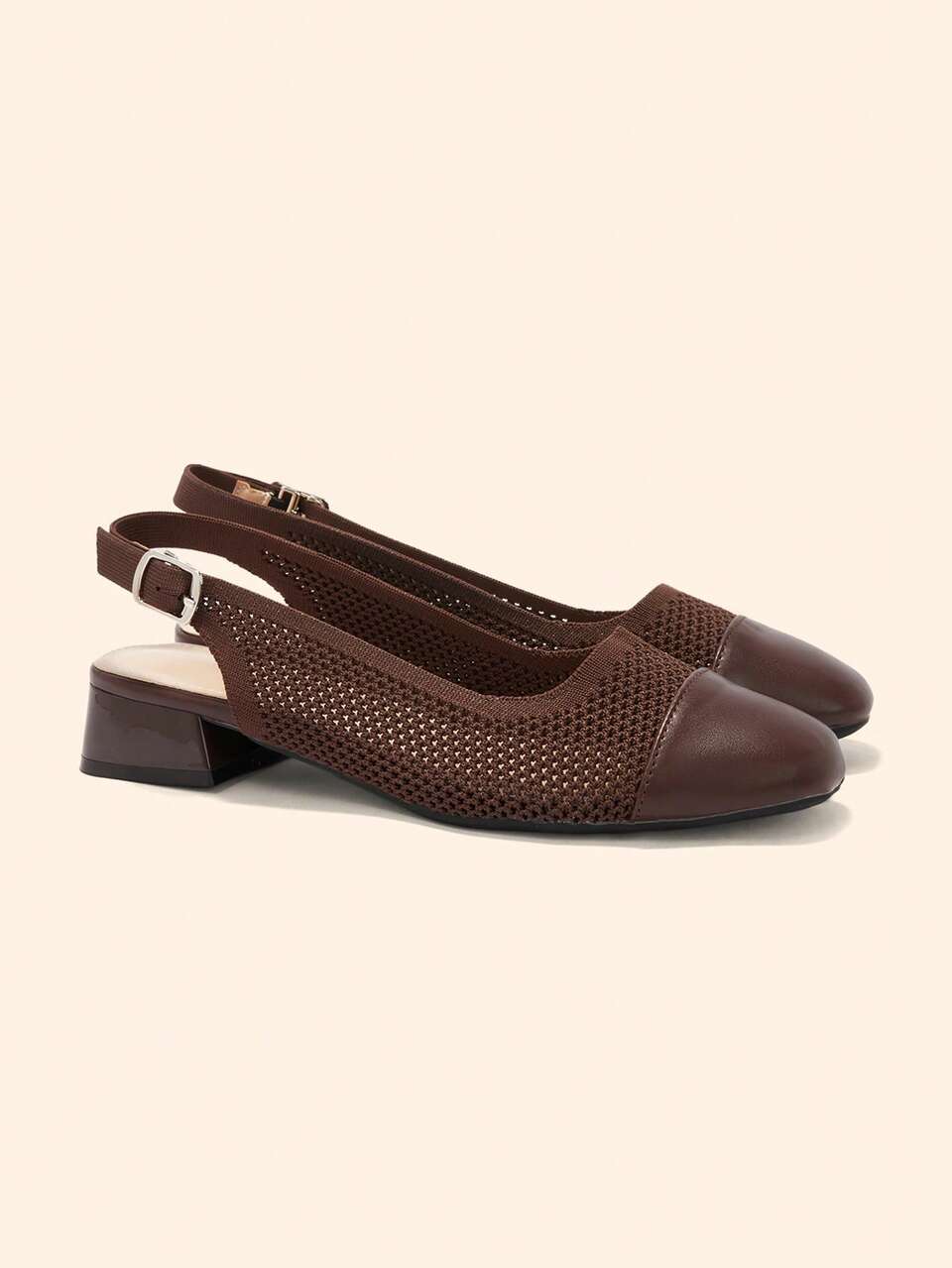 CUCCOO BASICS Women's Hollow Knit Back Lace-Up Square Toe Chunky Heel Patchwork Leather Breathable Versatile High Heel Pumps