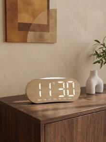 Teckwe 1PC Wood Look LED Digital Alarm Clock, Oval Curved Bedside Table Clock With Dual Alarms, Week & Time Display, Electronic Desk Clock For Bedroom Home Decor - multicolor - View 6