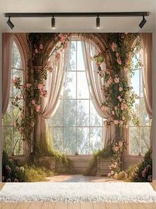 Charming Spring Rose Castle Window Backdrop - Multipurpose Polyester Fabric, Suitable For Easter, Birthday And Photo Booth, Easy To Hang - multicolor - View 9