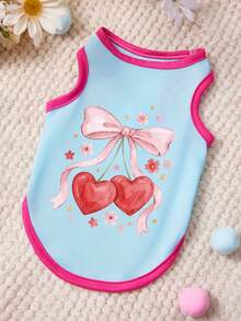 PETSIN 1 Piece Pink Bow Love Cherry Flower Star Print Pet Vest Blue Patchwork Red Edging Soft And Comfortable Breathable Pet Clothing - Multicolor - View 1