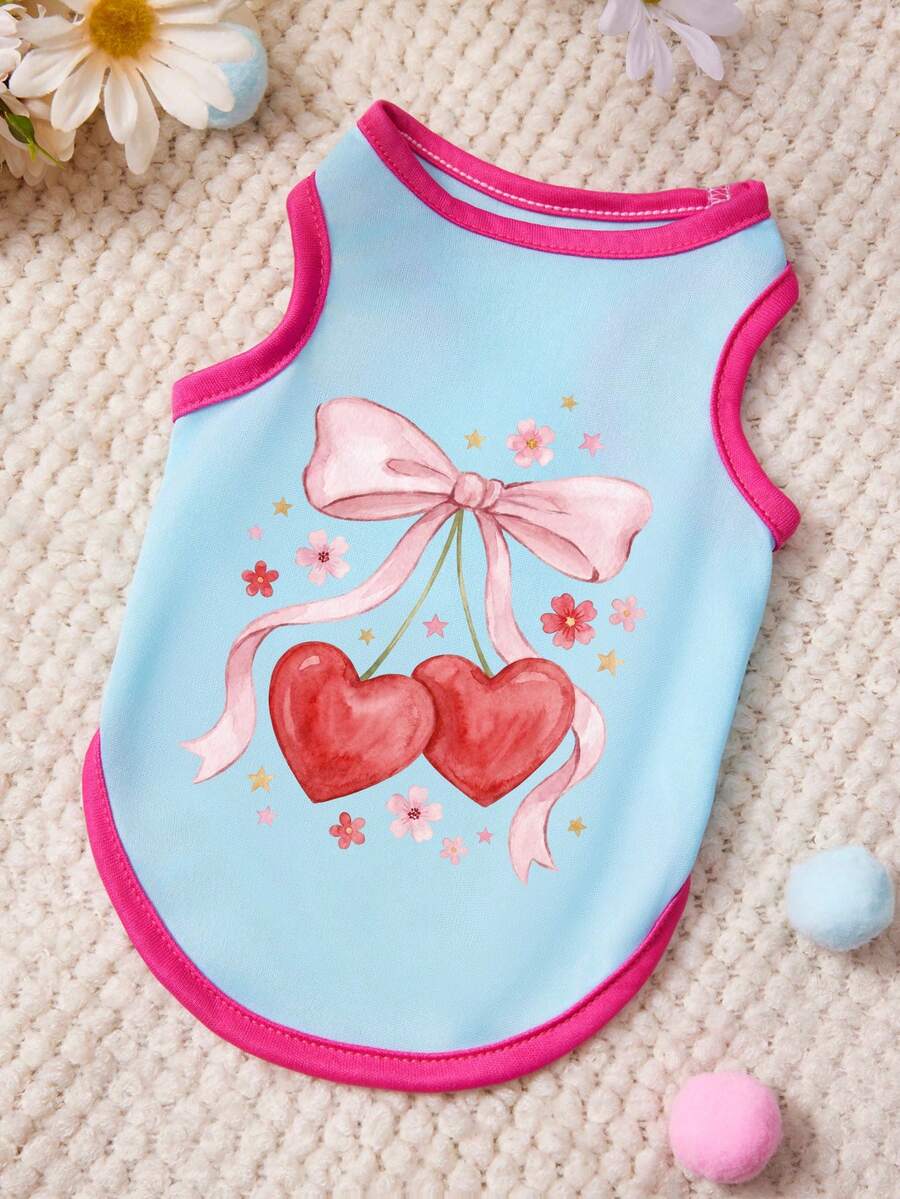 PETSIN 1 Piece Pink Bow Love Cherry Flower Star Print Pet Vest Blue Patchwork Red Edging Soft And Comfortable Breathable Pet Clothing - Multicolor - View 1