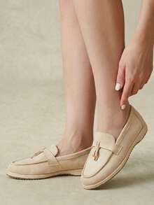 Styleloop Tassel Woven Grass Bottom Square Round Toe Flat Bottom Loafers, Gentle Khaki Matte Leather Slouchy Slip-On Casual Fisherman Beanie Shoes Fall Shoes - Light khaki - View 6