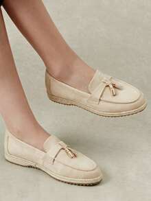 Styleloop Tassel Woven Grass Bottom Square Round Toe Flat Bottom Loafers, Gentle Khaki Matte Leather Slouchy Slip-On Casual Fisherman Beanie Shoes Fall Shoes - Light khaki - View 2
