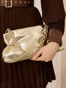 MOTF WOMEN'S FASHION GOLD SHOULDER BAG, EXQUISITE HARDWARE AND CHAIN DECORATION, SIMPLE CLUTCH BAG, FOR DAILY, COMMUTING, SHOPPING, FESTIVALS, PARTIES - Gold - View 1