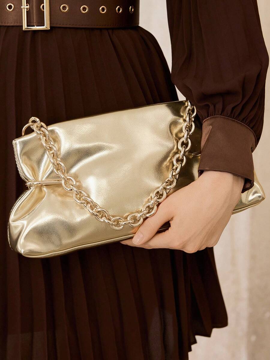 MOTF WOMEN'S FASHION GOLD SHOULDER BAG, EXQUISITE HARDWARE AND CHAIN DECORATION, SIMPLE CLUTCH BAG, FOR DAILY, COMMUTING, SHOPPING, FESTIVALS, PARTIES - Gold - View 1