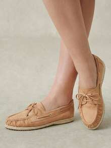 Styleloop Lace-Up Metal Hole Straw Bottom Square Round Toe Flat Bottom Loafers, Gentle Camel Imitation Suede Slouchy Casual Fisherman Doudou Shoes Fall Shoes - Camel - View 2