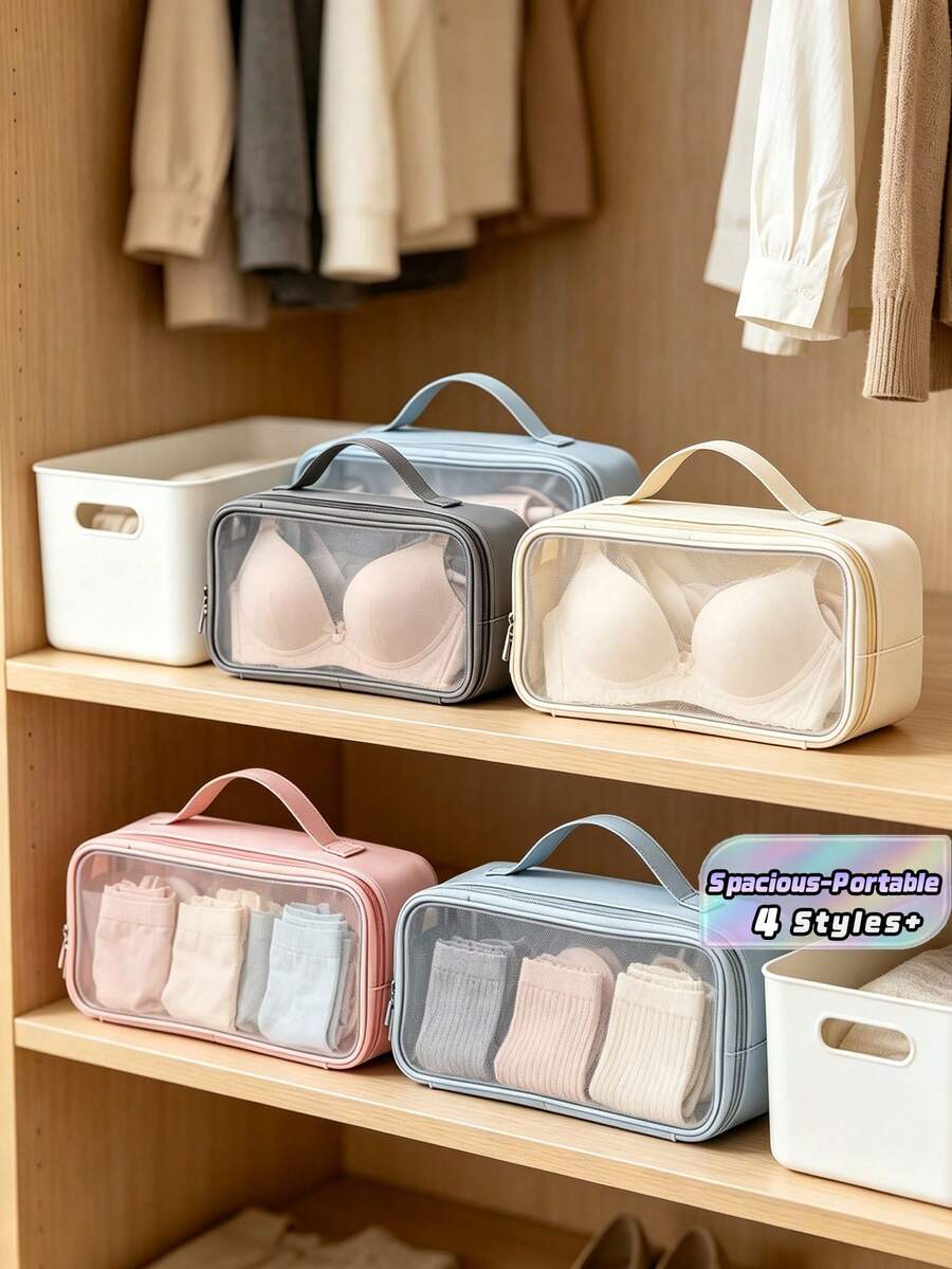 Transparent Mesh Underwear Storage Bag, Portable Travel Lingerie Organizer Pouch With Handle, Large‑Capacity Zipper Storage Case For Socks, Bras, Undergarments, Home & Vacation Use, Multi‑Color Available - Multicolor - View 1