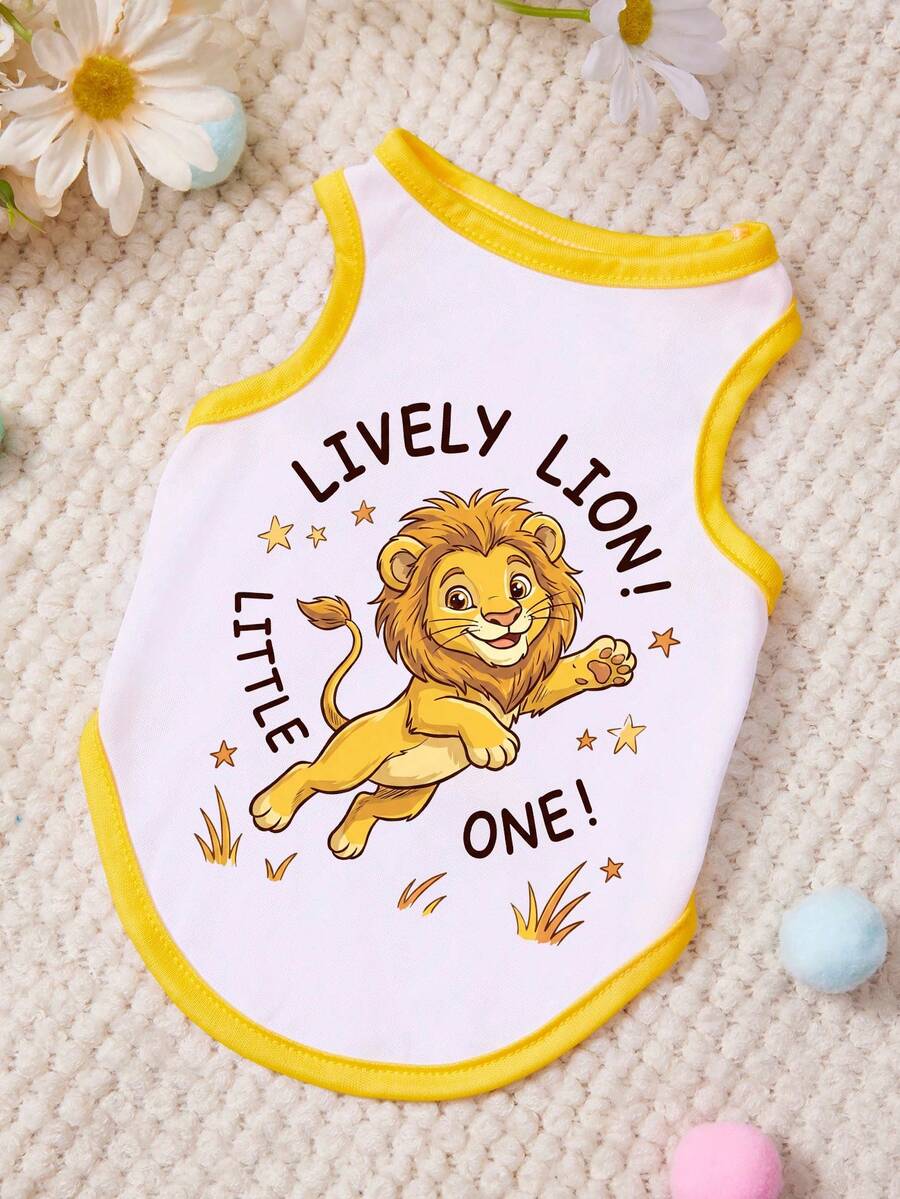 PETSIN 1pc Cute Yellow Little Lion Star Letter Printed Pet Tank Top Yellow Splicing White Soft And Comfortable Pet Clothes - Multicolor - View 1