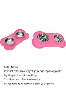 1pc Stainless Steel Double Bowl Anti-Spill Pet Feeder With Non-Skid Mat, For Dogs And Cats - Pink - View 7