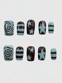 ROMWE Anime 10Pcs Green Brown Millennial Babes Sweet Striped Stars Vortex Vintage Polka Dots Handmade Fake Nail Patch, Mass Production Vitality Girl - Mint Green - View 2