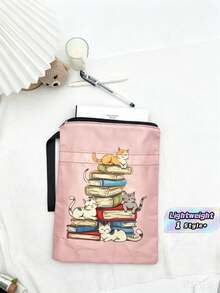 1PC Lightweight Polyester Zipper Book Sleeve Pouch With Wrist Strap Front Pocket Cute Cat Stacked Book Print Portable Document Notebook Storage Bag For Student Office Travel Reading Supplies - A - View 1
