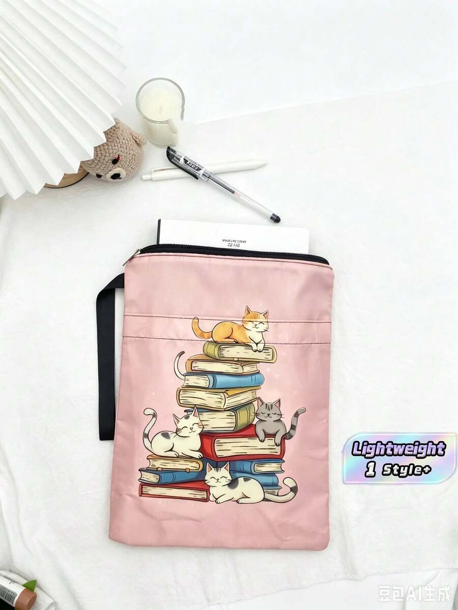 1PC Lightweight Polyester Zipper Book Sleeve Pouch With Wrist Strap Front Pocket Cute Cat Stacked Book Print Portable Document Notebook Storage Bag For Student Office Travel Reading Supplies - A - View 1