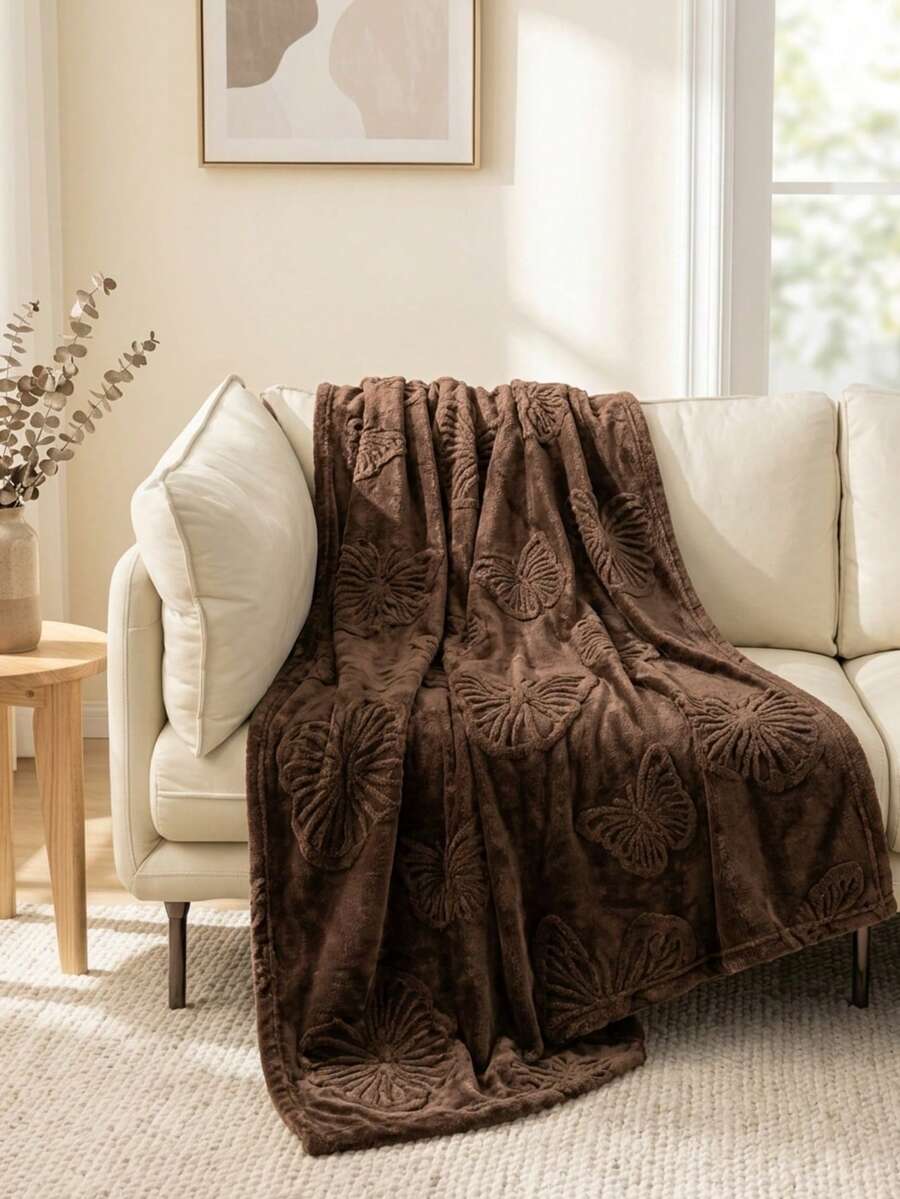 Cirelle Butterfly Textured Fleece Throw Blanket, Soft Plush 3D Embossed Butterfly Pattern Blanket For Couch Sofa Bed, Cozy Warm Lightweight Decorative Throw Blanket For Living Room Bedroom, All‑Season Home Decor Blanket - coffee color - View 1