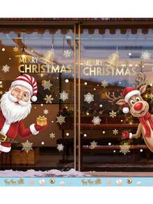 Santa Claus Reindeer Christmas Static Window Clings, Golden Bell Snowflake Electrostatic Glass Decals, Merry Xmas Peeking Character Window Stickers For Shop Store Home Holiday Decor - multicolor - View 3