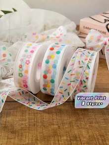 2.5 Cm Wide, About 25 Yards Long Floral Dot Sprinkles Printed Organza Ribbon, Transparent Chiffon Decorative Ribbon, Hand‑Made Hair Bow Gift Wrap Ribbon For Wedding Birthday Party Supplies - multicolor - View 2