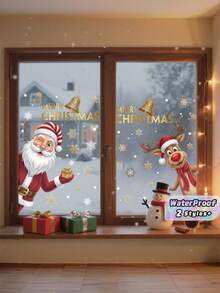 Santa Claus Reindeer Christmas Static Window Clings, Golden Bell Snowflake Electrostatic Glass Decals, Merry Xmas Peeking Character Window Stickers For Shop Store Home Holiday Decor - multicolor - View 1
