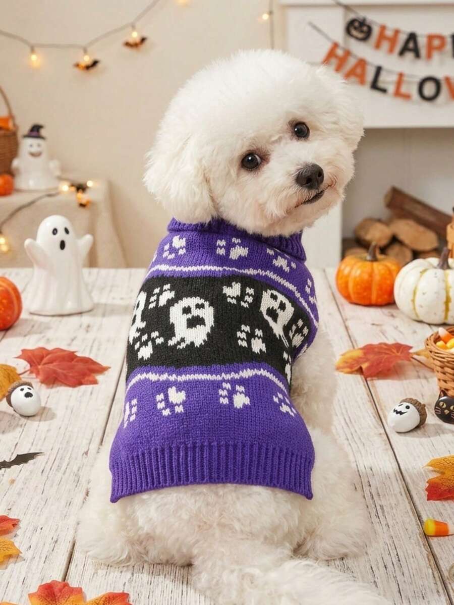 1pc Pet Cat Dog Universal Halloween Purple Ghost Paw Print Jacquard Knit Elastic Comfortable Warm Sweater, PETSIN Original Design - Multicolor - View 1