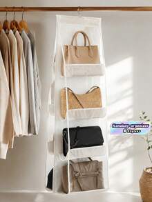 1 Piece Multi-Pocket Clear Mesh Hanging Handbag Organizer, Dustproof Hanging Purse Storage Rack, Space Saving Transparent Bag Collection Holder, Closet Wardrobe Storage Organizer For Handbags, Wallets, Ideal For Bedroom & Cloakroom Home Storage - White - View 2