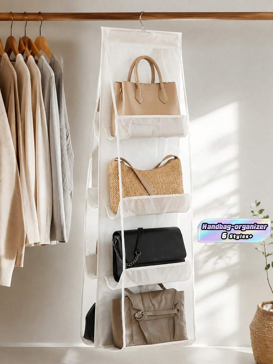 1 Piece Multi-Pocket Clear Mesh Hanging Handbag Organizer, Dustproof Hanging Purse Storage Rack, Space Saving Transparent Bag Collection Holder, Closet Wardrobe Storage Organizer For Handbags, Wallets, Ideal For Bedroom & Cloakroom Home Storage
