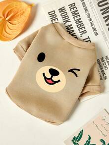 PETSIN 1pc Cute Blinking Bear Face Printed Pet Khaki Soft And Comfortable Warm Pet Clothes - Multicolor - View 1