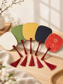 Haus Hana 1pc Mini Palace Fan With Blank Surface, Bamboo & Wood Handle, Double-Sided Rice Paper Fan For Hand Painting & Calligraphy - multicolor - View 2