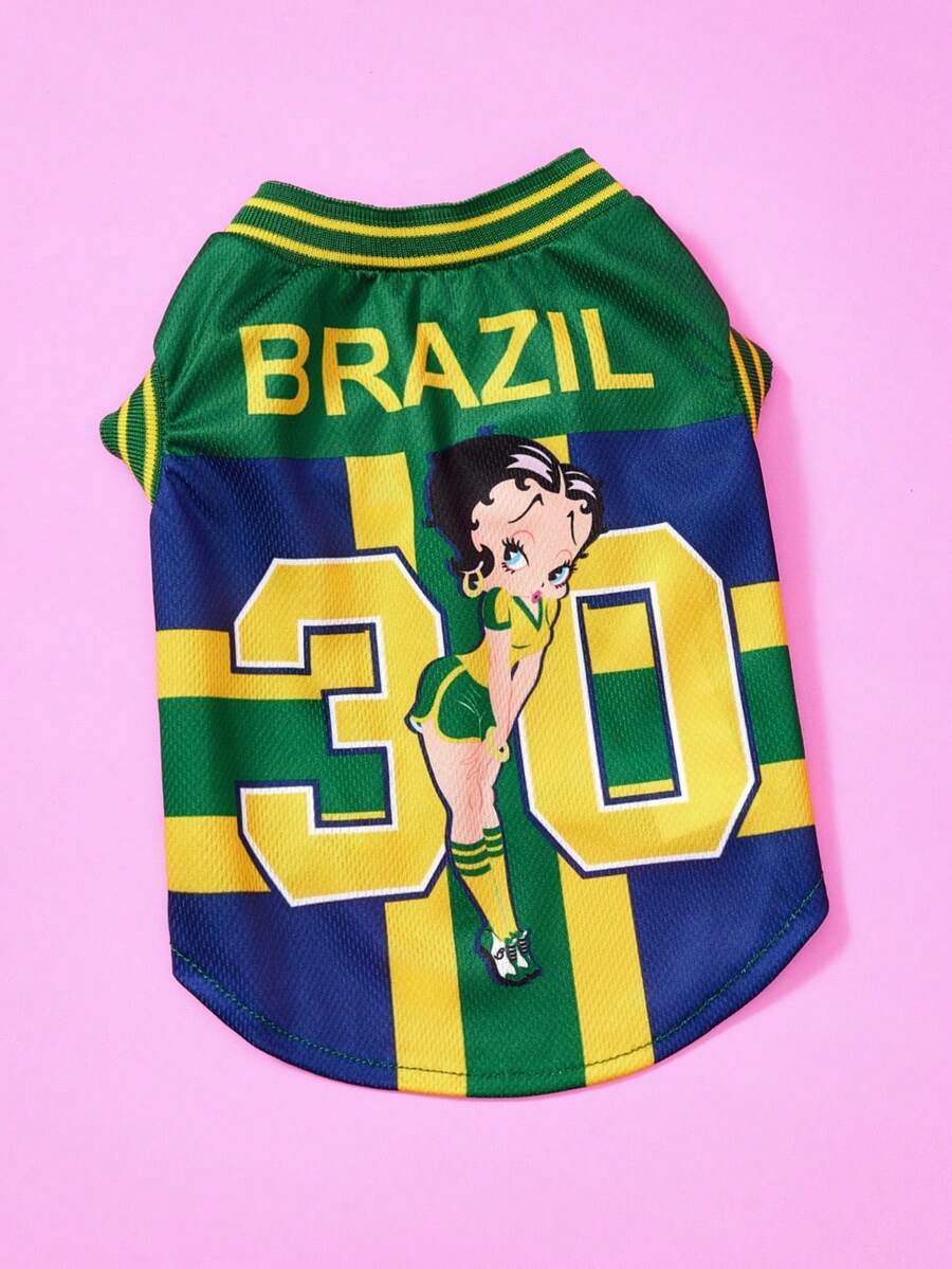 Betty Boop X PETSIN 1件綠黃格紋足球小女孩字母數字30印花配色寵物背心,溫柔透氣防掉毛寵物衣服 - 彩色 - 查看 1