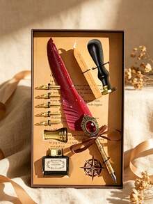 1 Set Jubaboz Calligraphy Brush Pen With Stamp And Sealing Wax, Feather Pen, Ink, Vintage Writing Ink Dip Pen With Mechanical Gear Back To School - Multicolor - View 2
