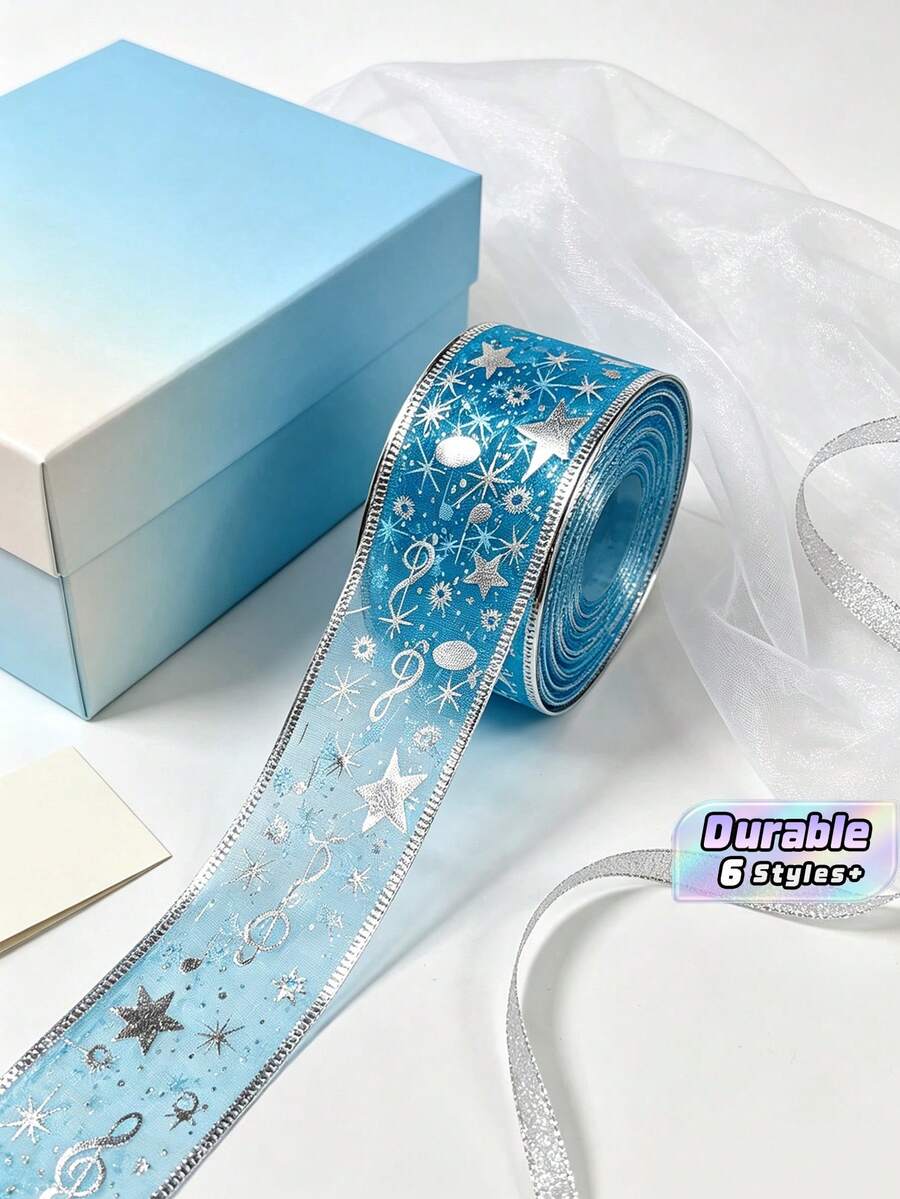 1 Roll Blue Star Foil Ribbon 1.96in Fixed Width Multiple Length Options, DIY Craft Gift Wrapping For Wedding Birthday Festival Party Decoration - blue - View 1