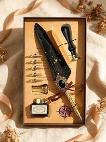 1 Set Jubaboz Calligraphy Brush Pen With Stamp And Sealing Wax, Feather Pen, Ink, Vintage Writing Ink Dip Pen With Mechanical Gear Back To School - Multicolor - View 10