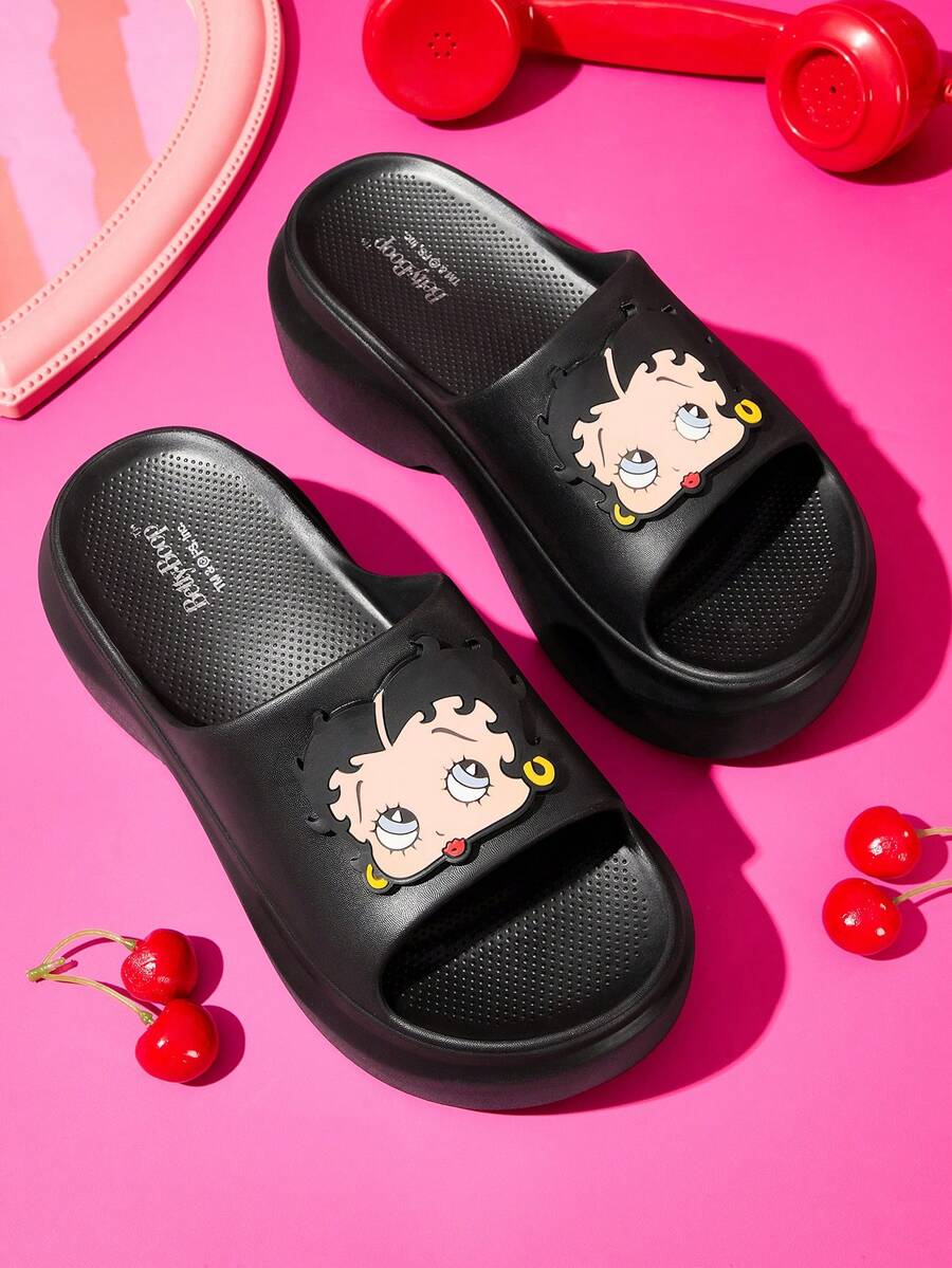 Betty Boop x SHEIN Cartoon Slippers, EVA Lightweight Material, Toe Protection, Breathable And Quick-Drying, Soft And Comfortable, Suitable For Indoor, Shower Or Beach Us - Black - View 1