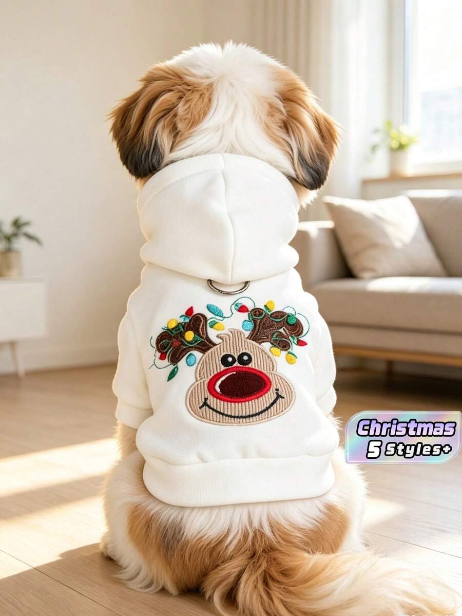 1件裝聖誕寵物連帽衛衣,聖誕老人與馴鹿刺繡狗狗衛衣,冬季保暖牽引設計小狗貓咪衣服,適合小型犬 - 燈串麋鹿 - 查看 1