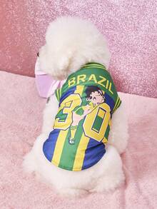 Betty Boop X PETSIN 1件綠黃格紋足球小女孩字母數字30印花配色寵物背心，溫柔透氣防掉毛寵物衣服 - 彩色 - 查看 5